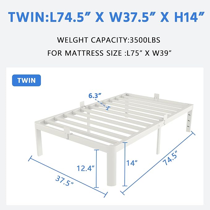 White Twin Size Bed Frames 14 Inch, Metal Platform Twin Bed Frame No Box Spring Needed, Heavy Duty Steel Support 3500 LBS, DIY Headboard, Round Legs, Noiseless, Storage Space, Easy Assembly