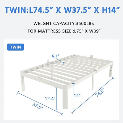 White Twin Size Bed Frames 14 Inch, Metal Platform Twin Bed Frame No Box Spring Needed, Heavy Duty Steel Support 3500 LBS, DIY Headboard, Round Legs, Noiseless, Storage Space, Easy Assembly