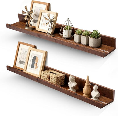Muzilife 35.4" Large Floating Wall Ledge Shelves with Lip - Set of 2 Rustic Wood Floating Shelves - Honey Brown Wall Mounted Picture Ledge for Office, Bathroom, Bedroom, Living Room, Kitchen