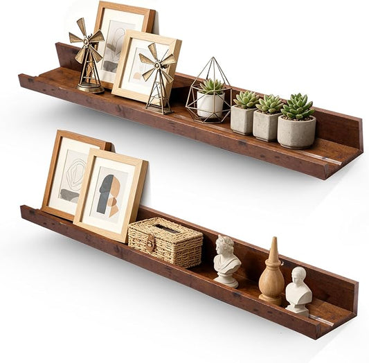 Muzilife 35.4" Large Floating Wall Ledge Shelves with Lip - Set of 2 Rustic Wood Floating Shelves - Honey Brown Wall Mounted Picture Ledge for Office, Bathroom, Bedroom, Living Room, Kitchen