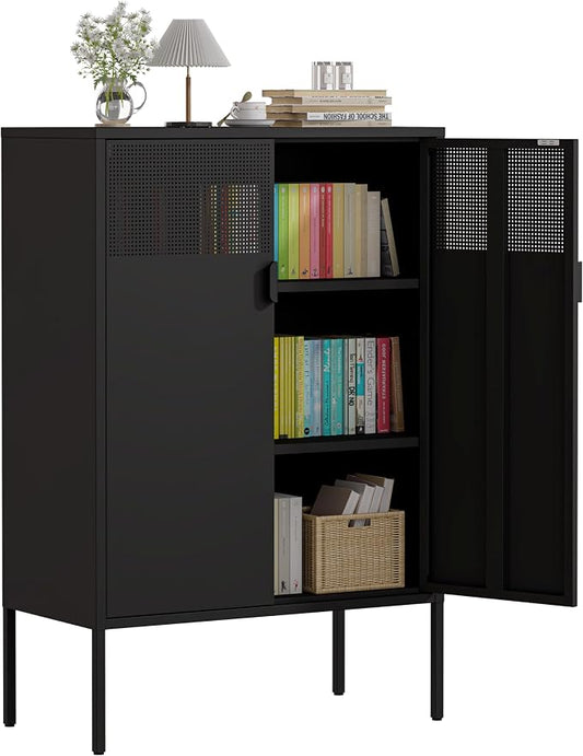 47''H Black Metal Storage Cabinet with 2 Adjustable Shelves, 2 Door Accent Cabinet, 3-Tier Metal Locker with Vent Hole, TV Stand for Entryway, Home Office, Music Studio, Home Office