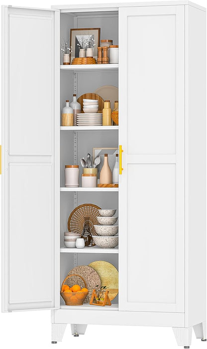 White Pantry Storage Cabinet, 71" Metal Kitchen Pantry Storage | Steel Storage Cabinets with Doors and 4 Adjustable Shelves, Metal Storage Cabinet, for Office, Home, Garage, School