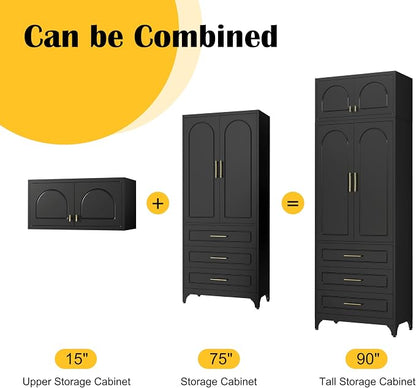 SteeLoong Kitchen Pantry Cabinet，90" Storage Cabinets with Doors and Shelves,Metal Pantry Cabinet with 3 Drawers,Black Kitchen Cupboard for Livingroom,Pantry, Bathroom