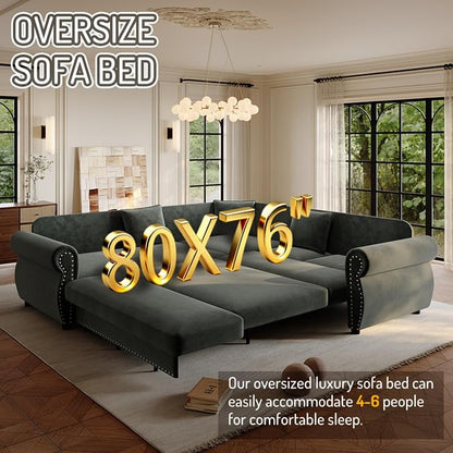 88.2" Sectional Sleeper Sofa with Pull Out Bed - Oversize L-Shaped Convertible Sleeper Couch Bed, Button Tufted Chesterfield Sofa, Chenille Vintage Couches for Living Room/Apartment(4-Seater, Green) | Pull Out couch Bed