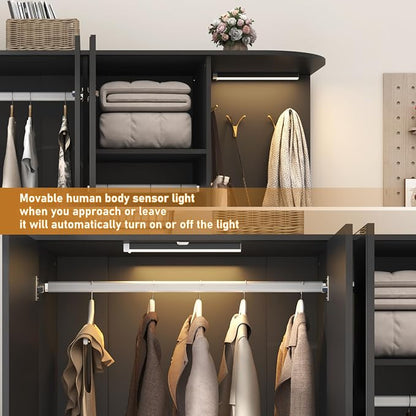 XVD Armoire Wardrobe Closet with Mirror & Sensor Light, Bedroom Armoire with 5 Doors & 2 Drawers, Modern Wooden Large Wardrobe Closet with Shelves, 4 Metal Hooks, 2 Hanging Roods, Open Space, Black