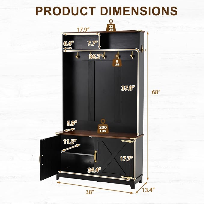EROMMY 38" Farmhouse Hall Tree with Bench and Shoe Storage, Entryway Bench with Coat Rack, 2 Open Compartments, 7 Coat Hooks, Barn Door & Adjustable Shelf, Rustic Black and Brown