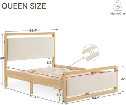 KISLOT Wood Bed Frame with Headboard and Footboard, Mattress Foundation with USB Charging Strong Wooden Slat Support Noise-Free Easy Assembly No Box Spring Needed