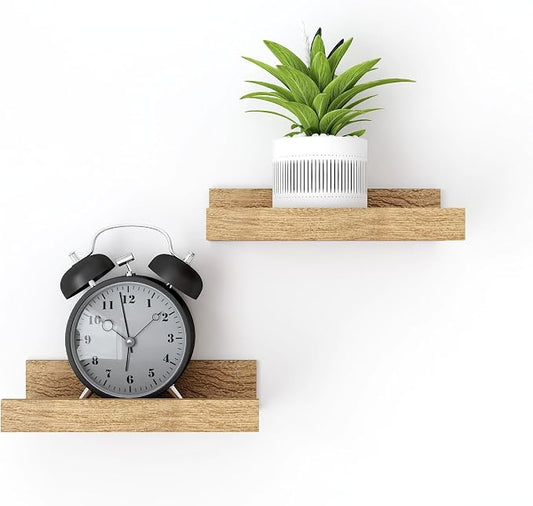 Small Floating Shelves for Wall Decor, Wall Mounted Wood Shelf for Bedroom, Living Room, Bathroom, Kitchen, Nursery, Display Picture Ledge Shelf with Lip Set of 2-8 Inches, Oak