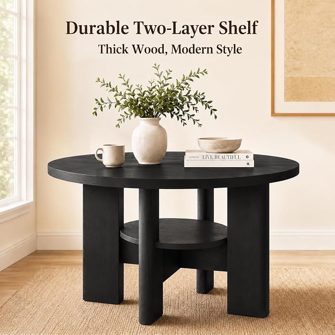 47" Round Dining Table for 4-6 People, Modern Wood Kitchen Table with Sculptural Curved Pedestal Base, 1.57" Thick Tabletop, Storage Shelf, Dining Room Table for Apartment,Black Grey