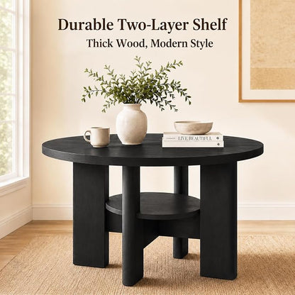 47" Round Dining Table for 4-6 People, Modern Wood Kitchen Table with Sculptural Curved Pedestal Base, 1.57" Thick Tabletop, Storage Shelf, Dining Room Table for Apartment,Black Grey
