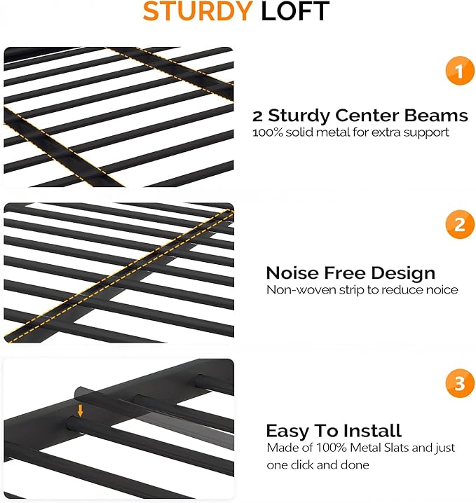VINGLI Queen Loft Bed with Flat Rungs for Adults, Kids and Young Teens, No Box Spring Required,Heavy Duty Metal Slat Support, Gold