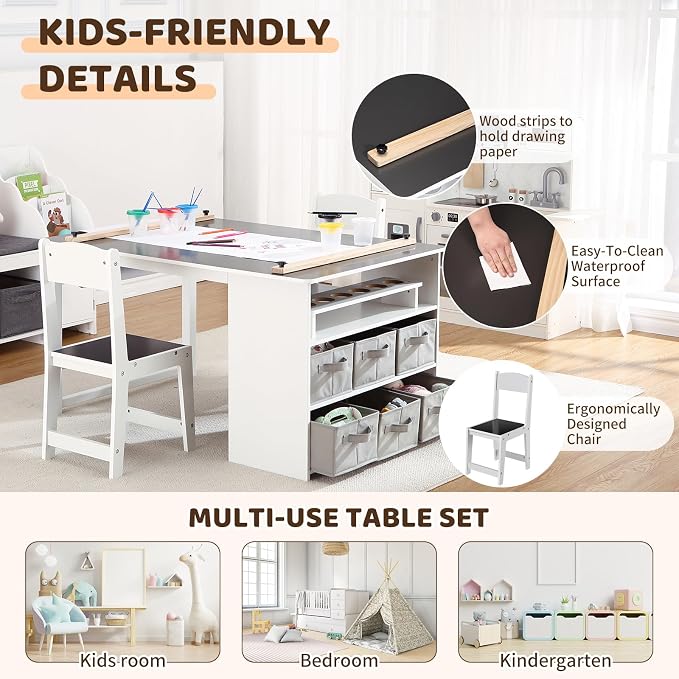 4-in-1 Kids Art Table and Chair Set, Wood Toddler Activity Desk with Large Storage Cabinet, Versatile for Drawing, Painting, Writing, Craft, Reading, and Play – Ideal for Children Ages 2-12
