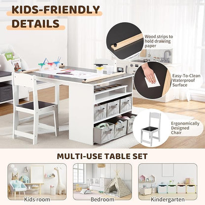 4-in-1 Kids Art Table and Chair Set, Wood Toddler Activity Desk with Large Storage Cabinet, Versatile for Drawing, Painting, Writing, Craft, Reading, and Play – Ideal for Children Ages 2-12