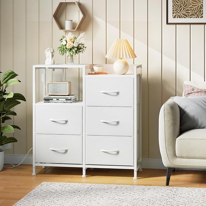 Somdot White Nightstand with Charging Station and LED Light, Wide 5 Drawers Dresser for Bedroom with Fabric Bins and Open Shelf for Bedroom Kids Closet Dorm Guest Room, White Leather