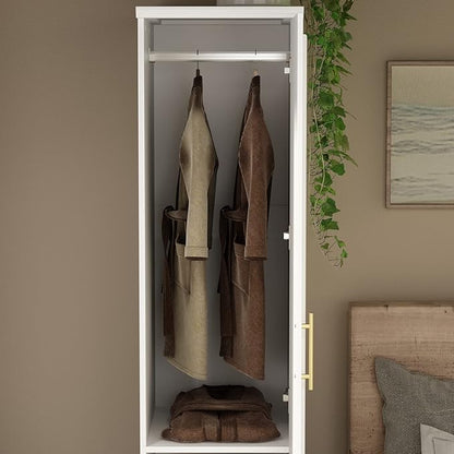 ECACAD White Slim Wardrobe Armoire with 2 Doors, 3-Tier Shelves & Hanging Rod, Wooden Closet Storage Cabinet for Bedroom (15.7”W x 19.3”D x 74.8”H)