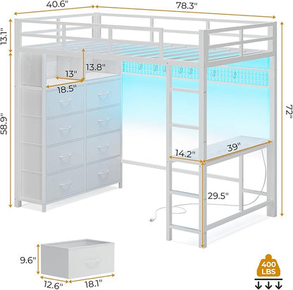 ADORNEVE Twin Size Loft Bed with Desk and 8 Storage Drawers, Metal Kids Loft Bed Twin with LED Lights & Charging Sation, Storage Shelves, 13.1" H Safety Guard & Ladder, No Box Spring Needed, White