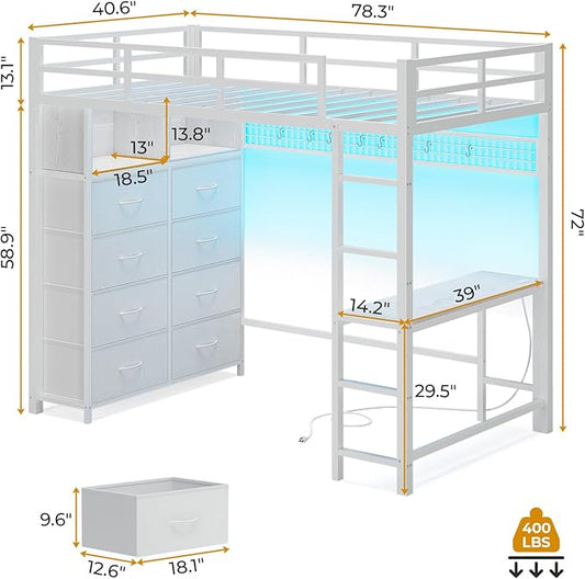 ADORNEVE Twin Size Loft Bed with Desk and 8 Storage Drawers, Metal Kids Loft Bed Twin with LED Lights & Charging Sation, Storage Shelves, 13.1" H Safety Guard & Ladder, No Box Spring Needed, White