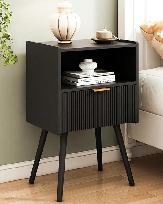 JOONEE Black Nightstand,Modern Bedside Table with Storage Drawer and Open Wood Shelf, for Living Room, Bedroom and Small Spaces, Accent Night Stand with Solid Wood Legs, Easy Assembly,Classic Black