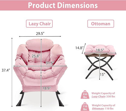 Youtanic Lazy Chair with Folding Ottoman, Accent Chair Velvet Upholstered with Metal Structure and Non-Slip Pads, Sofa Armchair with Footrest and Side Storage Bag for Dorm, Room, Office, Pink