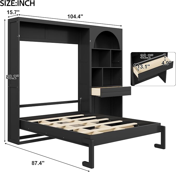 Merax Farmhouse Multi-Functional Murphy Bed with Cabinets & a Drawer,White | Queen Size Solid Wood Foldable Wall Platform Bed Upholstered Headboard for Guest-Room, Bedroom/ Space Saving