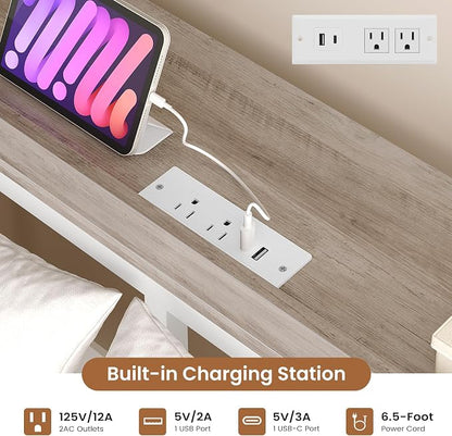 VIAGDO Bunk Bed Twin Over Twin with 5 Storage Drawers, Twin Bunk Beds with Charging Station and Lights, L-Shaped Metal Bunk Bed with Shelves, Bedside Pocket, Guardrail & Ladder for Kids, Teens, White