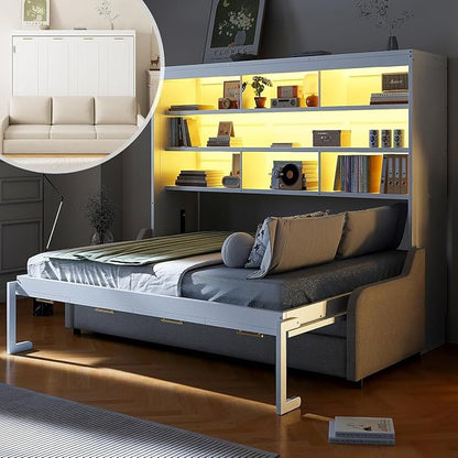 MERITLINE Full Horizontal Murphy Bed with Sofa and Storage Shelves, LED Light, Solid Wood Space Saving Hideaway Murphy Wall Bed with Couch and Storage for Adults (Beige,Full)