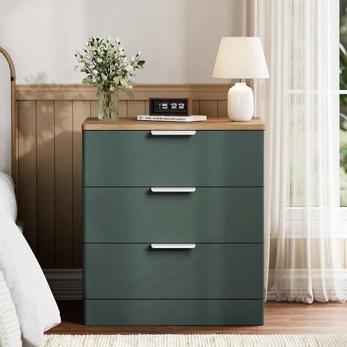 3 Pieces of Dresser and Nightstand Set,47.2" Width 7-Drawer Dresser & 3-Drawer Nightstands Set of 2 w/Gold Metal Handle, Modern Design for Bedroom,Green & Brown