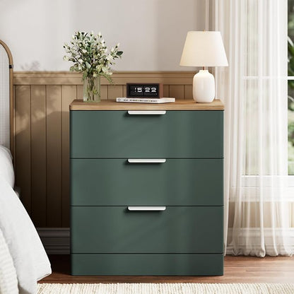 3 Pieces of Dresser and Nightstand Set,47.2" Width 6-Drawer Dresser & 3-Drawer Nightstands Set of 2 w/Metal Handle, Modern Design for Bedroom,Green & Brown