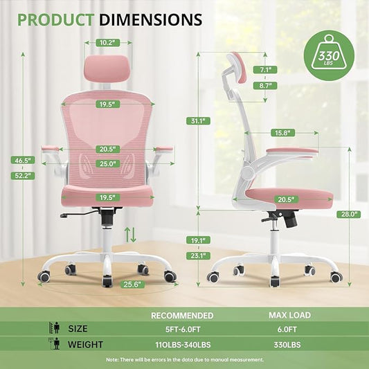 Office Chair Ergonomic Desk Chair, 330LBS Capacity, High Back Computer Design for Long Hours Comfort, Rolling Swivel Executive Task for Home Office with Flip-up Armrests, White Pink