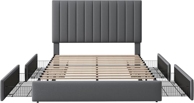 Allewie Queen Size Storage Bed Frame, Vertical Channel Tufted Adjustable Headboard, Velvet Upholstered Platform Bed with 4 Oversized Underbed Drawers, Wooden Slats Support, No Box Spring Needed, Grey