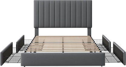 Allewie Queen Size Storage Bed Frame, Vertical Channel Tufted Adjustable Headboard, Velvet Upholstered Platform Bed with 4 Oversized Underbed Drawers, Wooden Slats Support, No Box Spring Needed, Grey