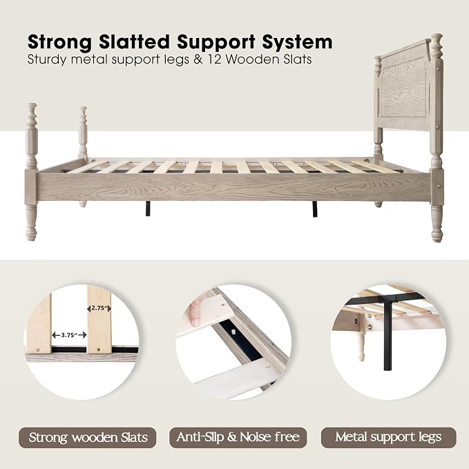 Solid Wood Queen Size Platform Bed Frame with Headboard & Footboard, Metal Legs, 12 Sturdy Slats, Easy Assembly, Anti-Slip & Noise-Free, No Box Spring Needed, Queen Size, Driftwood Gray Oak, ROQ-33
