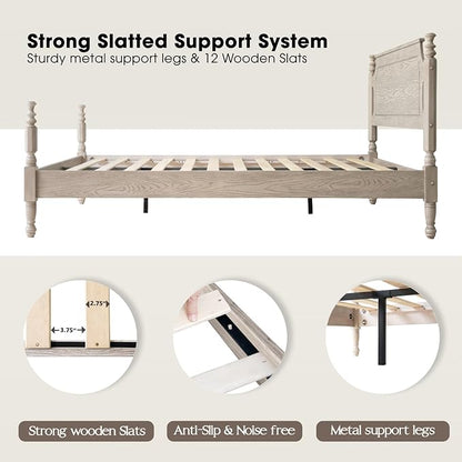 Solid Wood Queen Size Platform Bed Frame with Headboard & Footboard, Metal Legs, 12 Sturdy Slats, Easy Assembly, Anti-Slip & Noise-Free, No Box Spring Needed, Queen Size, Driftwood Gray Oak, ROQ-33