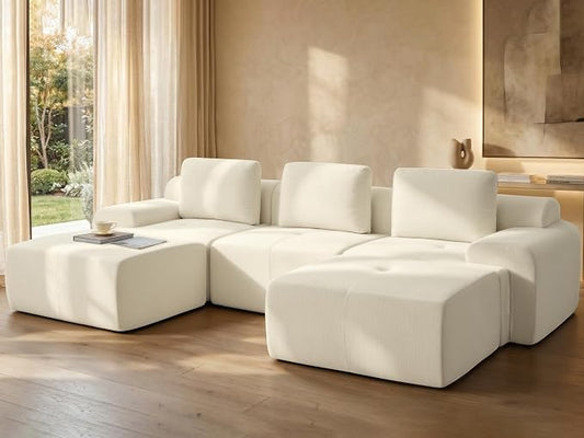 122" U Shaped Oversized Boneless Couch, Comfort Cloud Sectional Couches for Living Room, Modular Sofa High Back & Extra Deep Seat, No Assembly, Chenille(Warm White, 122 inch-U Shaped（3+2）)