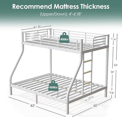 Bunk Beds Twin XL Over Full Size with 6" Mattresses Included, All-in-One Bunk Bed for Kids/Adults, Heavy Duty Sturdy Frame with Ladder Guardrail, with Memory Foam Mattresses, White
