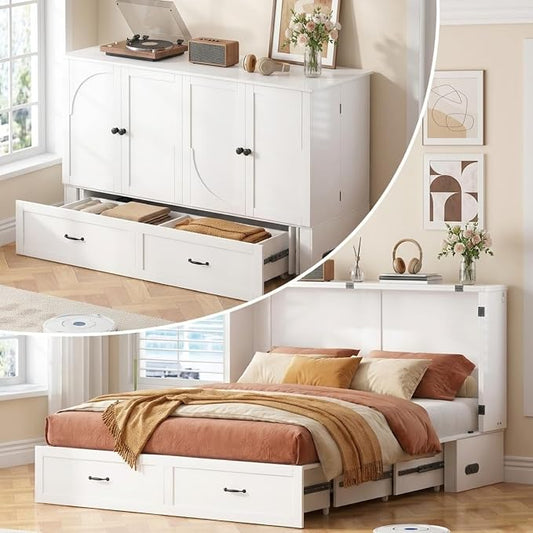 Mjkone Queen Size Murphy Bed Cabinet with Mattress Included, USB Charging Station, Storage Drawer, Panel, 63.39" Width Chest Cabinet Murphy Beds for Guest Room Small Spaces Saving Home Offices, White