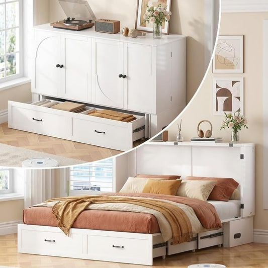 Mjkone Queen Size Murphy Bed Cabinet with USB Charging Station, 63.39" Width Storage Chest Cabinet Murphy Beds with Foldable Panel for Guest Small Spaces Home Offices, Mattress Not Included, White
