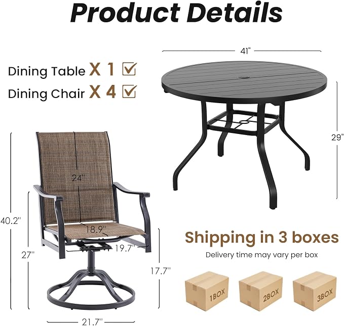 Soohow Outdoor Dining Set for 4, 5-Piece Round Table Patio Dining Set, 4 x Swivel Patio Chairs and 1 x 41 Round Outdoor Dining Table, for Poolside, Backyard and Proch