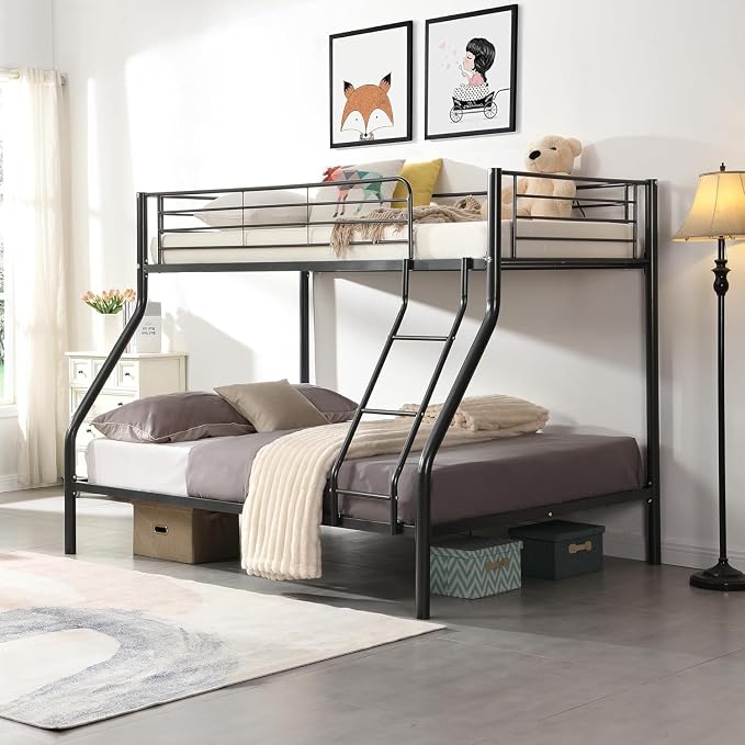 EMKK Twin Over Full Bunk Bed for Adults, Metal Bunk Beds Twin Over Full Size for Teens Dorm Bedroom Guest Room,Heavy Duty Bunk Beds with Ladder and Safety Full Length Guardrail (Black D)