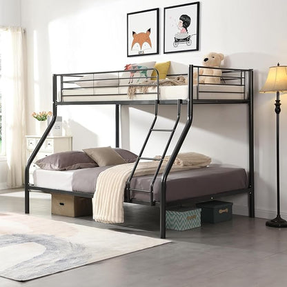 EMKK Twin Over Full Bunk Bed for Adults, Metal Bunk Beds Twin Over Full Size for Teens Dorm Bedroom Guest Room,Heavy Duty Bunk Beds with Ladder and Safety Full Length Guardrail (Black D)