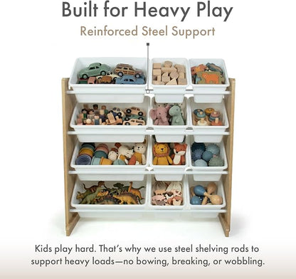 Humble Crew Toy Storage Organizer with 12 Removable Storage Bins for Kids Playroom, 4-Tier Toddler Toy Organization, Natural Wood/White