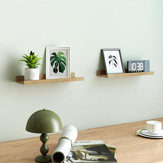 Floating Shelves for Wall Decor, Wall Mounted Wood Storage Shelf for Bedroom, Living Room, Bathroom, Kitchen, Nursery, Display Picture Ledge Shelf with Lip Set of 2-14 Inches, Oak