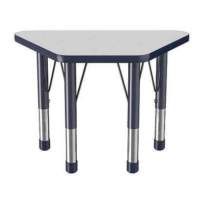 FDP Trapezoid Activity School and Classroom Kids Table (18 x 30 inch), Chunky Toddler Legs for Collaborative Seating Environments, Adjustable Height 15-24 inches - Gray Top and Navy Edge
