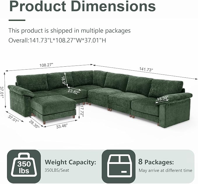 Oversized L Shaped Sectional Couch for Living Room, Extra Large Deep Seat Modular Sectional Sofa with Washable Covers, Modern Cloud Couch for Apartment, Bedroom (Green, Corner V Shape 7 Seat)