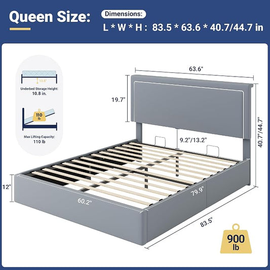 Allewie Queen Size Lift Up Storage Bed Frame with Charging Station & LED Lights, Adjustable Velvet Upholstered Storage Headboard, Type-C & USB Ports, Hydraulic Support, No Box Spring Needed, Grey