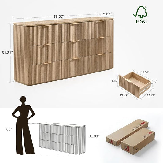 Dresser for Bedroom with 9 Drawers, 63"W Chest of Drawers, Fluted Dresser with Faux Marble Top, Curved Profile Design, Metal Handle, Wood Closet Storage Organizer for Living Room, Hallway, Natural Oak