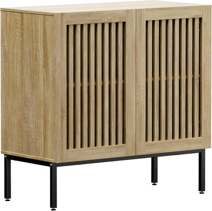 BVIUNTWO Buffet Cabinet with Storage,31.5" Farmhouse Console Table with Metal Base and Adjustable Shelf,Sideboard Coffee Bar Cabinet with 2 Doors for Kitchen,Dining Room,Living Room,Oak