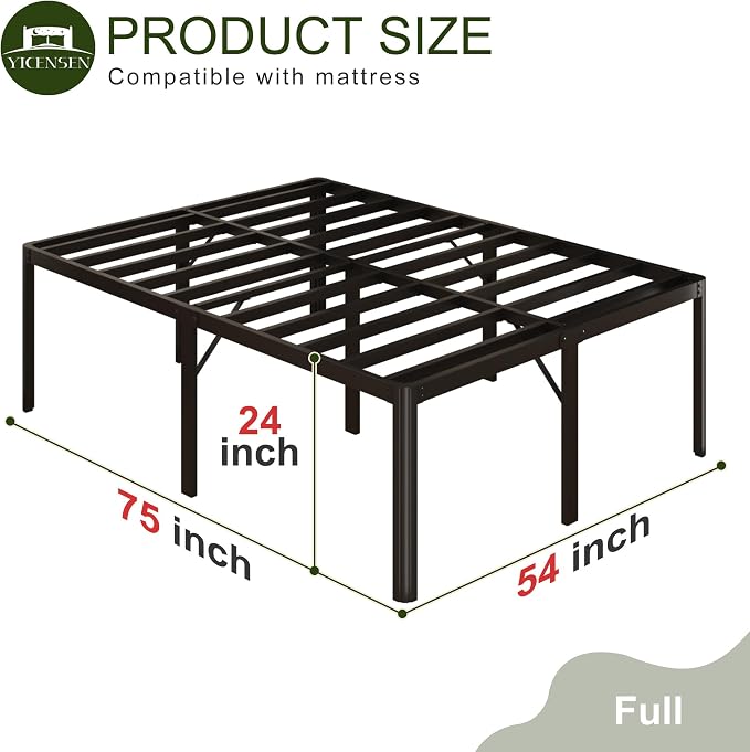 Yicensen 24 Inch High Full Bed Frame with Rounded Corner Legs, Heavy Duty Full Size Metal Platform Bed Frame No Box Spring Needed, Easy Assembly, Noise Free, Black