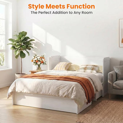 CECER Murphy Bed Queen with Mattress Included for Guest/Small Space-White | Built-in Multi-Port Charging Station ＆ Large Storage Drawer，Space Saving ＆ Easy Assemble and Conversion