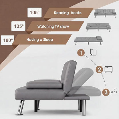 Flamaker Futon Sofa Bed Modern Folding Futon Set PU Leather Convertible Recliner Lounge for Living Room with 2 Cup Holders, Removable Armrests (PU Leather, Dark Grey)